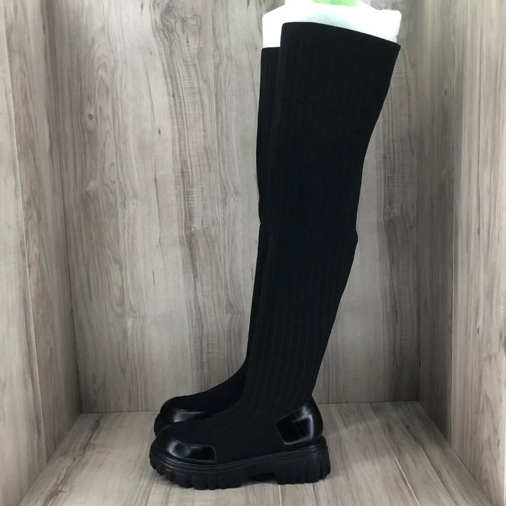 Cuccoo OTK Boots Women's EU 40 Black Sock Chunky Pull On Over The Knee Platform